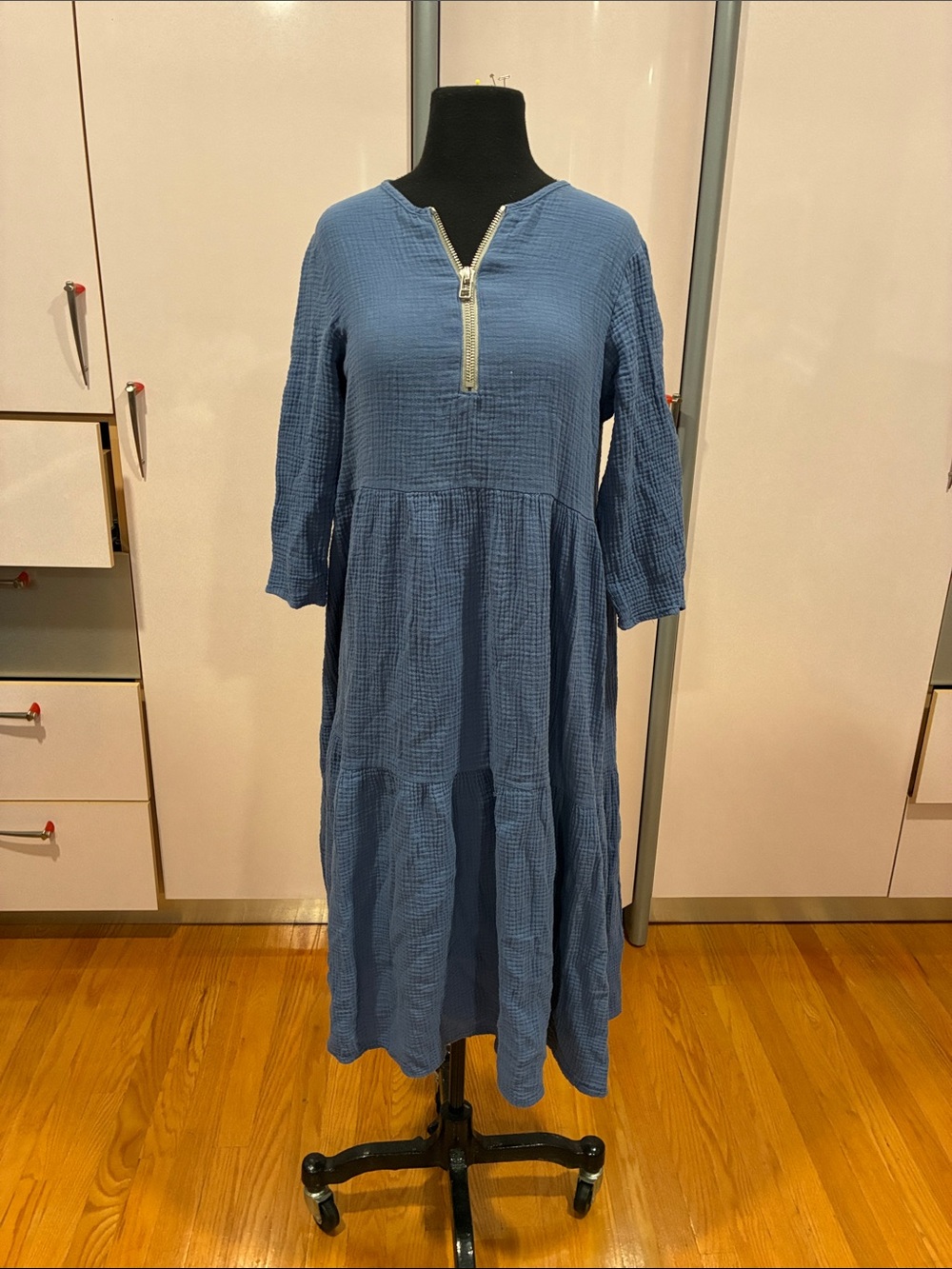 Relaxed Blue Maxi Dress with Front Zip